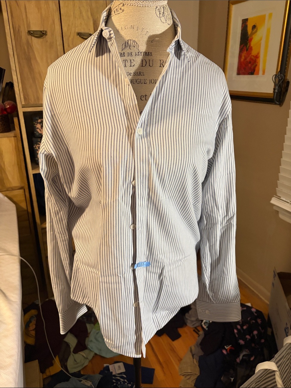 Men's Classic White Shirt with Navy Pinstripes - Small
